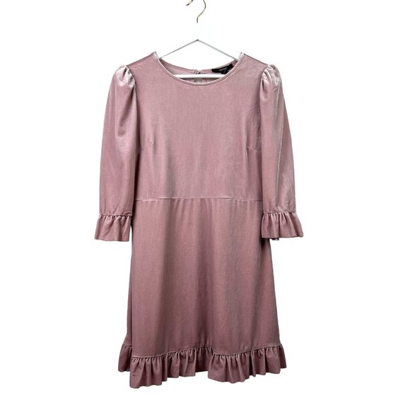 NWT FOREVER 21 Womens L Blush Pink Ruffle Hem 3/4 Sleeve Button Back Dress - Picture 1 of 12